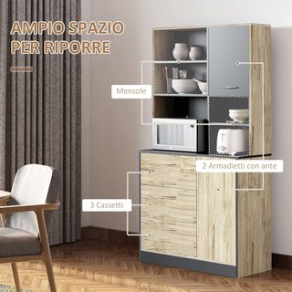 Mobile da Cucina Credenza Moderna Salvaspazio Con 2 Armadietti 3 Cassetti 3 Ripiani in Legno 90 X 39 X 169Cm Color Noce Chiaro