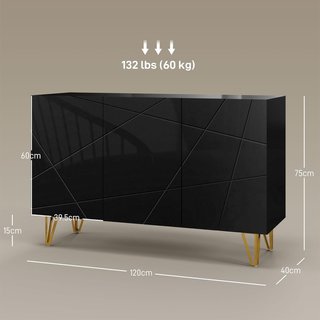 Mobile Contenitore Con 2 Armadi E Scaffale Regolabile a 3 Livelli, Credenza Moderna Con Gambe In Metallo, 120X40X75 Cm, Nero E Oro