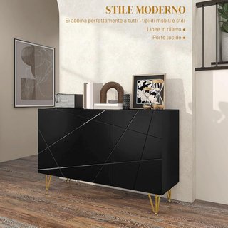 Mobile Contenitore Con 2 Armadi E Scaffale Regolabile a 3 Livelli, Credenza Moderna Con Gambe In Metallo, 120X40X75 Cm, Nero E Oro