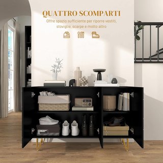 Mobile Contenitore Con 2 Armadi E Scaffale Regolabile a 3 Livelli, Credenza Moderna Con Gambe In Metallo, 120X40X75 Cm, Nero E Oro