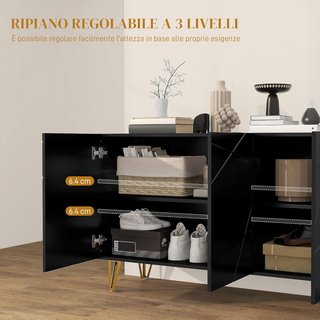 Mobile Contenitore Con 2 Armadi E Scaffale Regolabile a 3 Livelli, Credenza Moderna Con Gambe In Metallo, 120X40X75 Cm, Nero E Oro