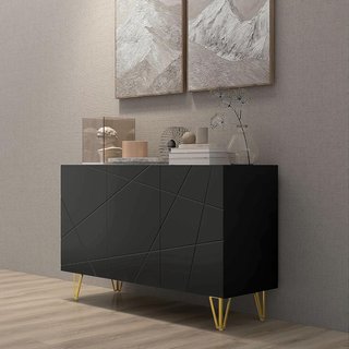 Mobile Contenitore Con 2 Armadi E Scaffale Regolabile a 3 Livelli, Credenza Moderna Con Gambe In Metallo, 120X40X75 Cm, Nero E Oro