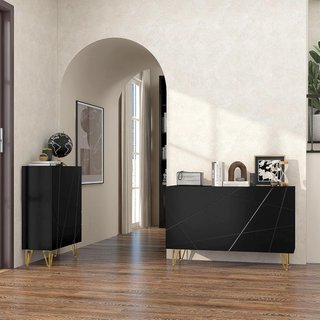 Mobile Contenitore Con 2 Armadi E Scaffale Regolabile a 3 Livelli, Credenza Moderna Con Gambe In Metallo, 120X40X75 Cm, Nero E Oro