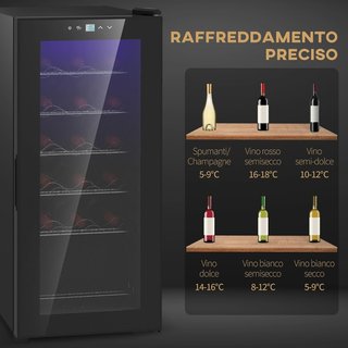Cantinetta Vino Refrigerata per 18 Bottiglie, Cantina Frigo Vino Anti-UV a Zona Singola con Temperatura Controllata 5-18°, Schermo Touch, Luci LED, Ripiani Regolabili, Porta in Vetro, 34.5X45X78Cm