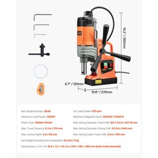 Taladro Magnético, Motor de 1300W, Diámetro de Perforación de 1.6 in, Taladro Magnético Eléctrico Portátil de 2810 lbf, Velocidad Sin Carga de 810 RPM, Máquina de Perforación para Superficies Metá...