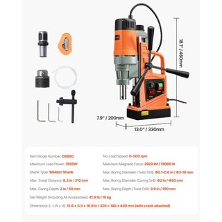 Taladro Magnético, Motor de 1550W Diámetro de Perforación de 2 in, Taladro Magnético Eléctrico Portátil de 2922 lbf, Velocidad Variable de 0-500 RPM, Máquina de Perforación para Superficie Metálic...