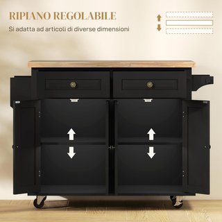 Carro De Cocina Con Ruedas, Estantes Regulables Y Porta Especias, Isla De Cocina Con Superficie De Trabajo De Madera De Caucho, Para Cocina Y Sala De Estar, 111X44.5X82.5 Cm, Negro
