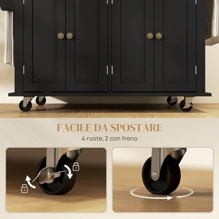 Carro De Cocina Con Ruedas, Estantes Regulables Y Porta Especias, Isla De Cocina Con Superficie De Trabajo De Madera De Caucho, Para Cocina Y Sala De Estar, 111X44.5X82.5 Cm, Negro