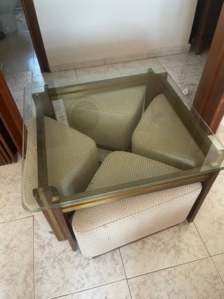 Tavolo da centro in vetro e legno con 4 poltroncine