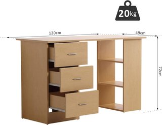 Escritorio Porta PC Con 3 Cajones Y 3 Estantes, Escritorio Para Habitación Y Oficina 120X49X72Cm Madera Natural