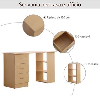 Escritorio Porta PC Con 3 Cajones Y 3 Estantes, Escritorio Para Habitación Y Oficina 120X49X72Cm Madera Natural
