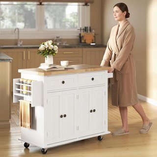 Carro De Cocina Con Ruedas, Estantes Regulables Y Porta Especias, Isla De Cocina Con Superficie De Trabajo De Madera De Caucho, Para Cocina Y Sala De Estar, 111X44.5X82.5 Cm, Blanco