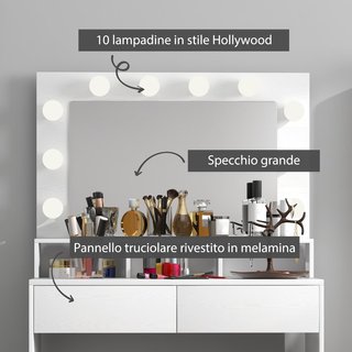 Specchio da Trucco con 10 Luci LED Regolabili a 3 Colori, Stazione da Trucco con 2 Cassetti e 3 Scomparti, per Camera da Letto, 80X40X135 Cm, Bianco