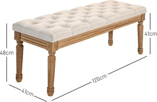 Banco de Cama en Tela, Banco Acolchado Estilo Francés Acolchado con Botones y Patas de Madera para Dormitorio, Entrada y Salón, 120X41X48Cm, Crema