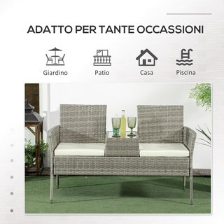 Divano da Giardino da Esterno con 2 Posti e Tavolo da Caffè Centrale, Acciaio, Rattan PE e Poliestere, 137x59x82 cm, Grigio e Crema
