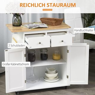 Carro De Cocina Con Armario, 2 Cajones Y Porta Especias De 3 Niveles, Isla De Cocina Portacomidas Con Estante Regulable, Porta Toallas Y 4 Ruedas Con 2 Frenos, 89X45X89.5 Cm, Blanco