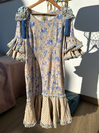 Vestido Flamenca Gitana Beige/Azul