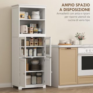 Mobile da Cucina con 2 Ripiani Aperti e 2 Armadi con Porte, Credenza in MDF e Vetro Temperato, 60X30X162 Cm, Bianco