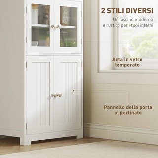 Mobile da Cucina con 2 Ripiani Aperti e 2 Armadi con Porte, Credenza in MDF e Vetro Temperato, 60X30X162 Cm, Bianco