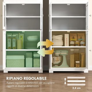 Mobile da Cucina con 2 Ripiani Aperti e 2 Armadi con Porte, Credenza in MDF e Vetro Temperato, 60X30X162 Cm, Bianco