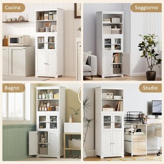 Mobile da Cucina con 2 Ripiani Aperti e 2 Armadi con Porte, Credenza in MDF e Vetro Temperato, 60X30X162 Cm, Bianco