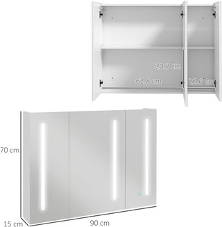 Armario Con Espejo en MDF Con Estantes Regulables Y Luces LED de 3 Colores, Espejo de Pared Con Toma USB, 90X15X70 Cm, Blanco