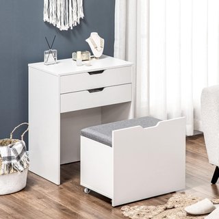 Portarotolo da Camera con Specchio e Sgabello, Stazione di Trucco con Scomparto Nascosto e Cassetto in Legno, Bianco