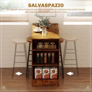 Set da Pranzo con Barra e 2 Sgabelli Alti, Tavolo Alto con 3 Ripiani Laterali e Sgabelli con Poggiapiedi Stile Industriale, Marrone