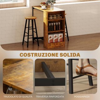 Set da Pranzo con Barra e 2 Sgabelli Alti, Tavolo Alto con 3 Ripiani Laterali e Sgabelli con Poggiapiedi Stile Industriale, Marrone