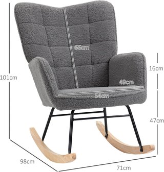 Sedia a dondolo imbottita per interni, poltrona a dondolo in pelo berber con braccioli, struttura in acciaio e gambe in legno di faggio per soggiorno e camera da letto, grigio scuro