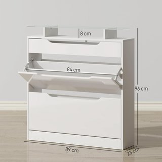 Zapatero Slim Ahorra Espacio Con 2 Puertas Abatibles Y Cajón, Zapatero De Entrada De Vidrio Con Estantes Ajustables En 2 Niveles, Porta Zapatos Para 16 Pares Con Asa, 89X23X96Cm, Blanco Brillante