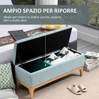 Banco Tapizado Con Contenedor, Banco Contenedor De Interior, Tejido Efecto Lino Y Madera, Diseño Escandinavo, Elegante, 110X39X45Cm, Azul
