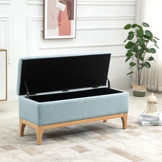 Banco Tapizado Con Contenedor, Banco Contenedor De Interior, Tejido Efecto Lino Y Madera, Diseño Escandinavo, Elegante, 110X39X45Cm, Azul