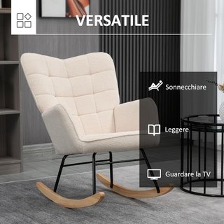 Sedia a dondolo imbottita per interni, poltrona a dondolo in pile berber con braccioli, struttura in acciaio e gambe in legno di faggio per soggiorno e camera da letto, beige