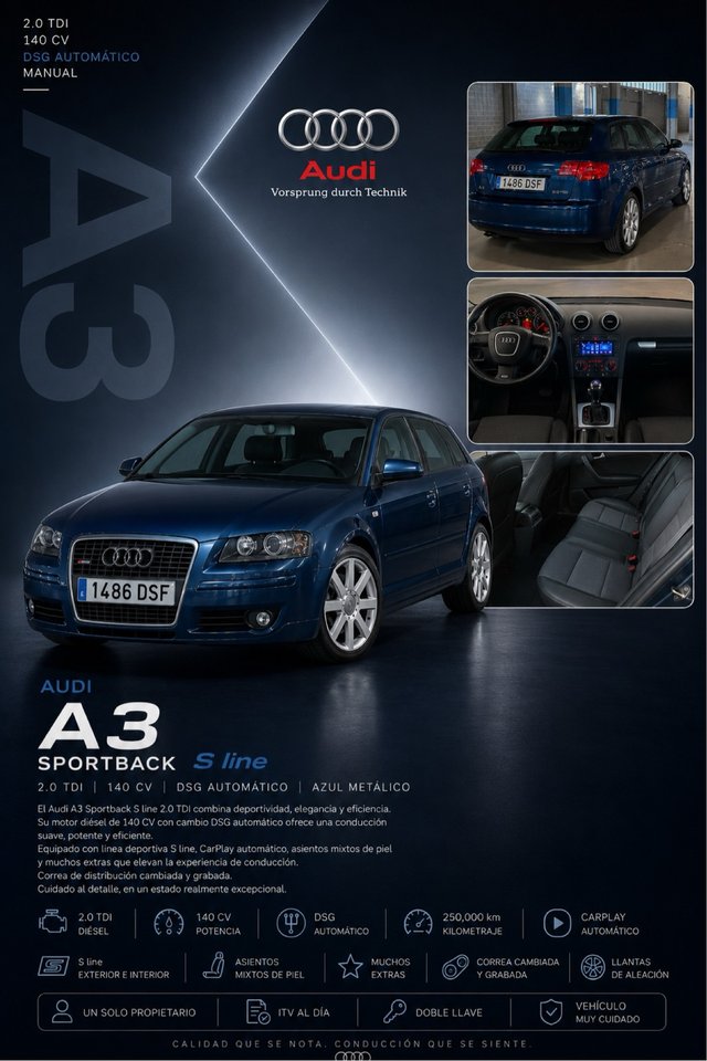 Audi A3 S-LINE + Carplay 2.0 TDI Garantia premium)