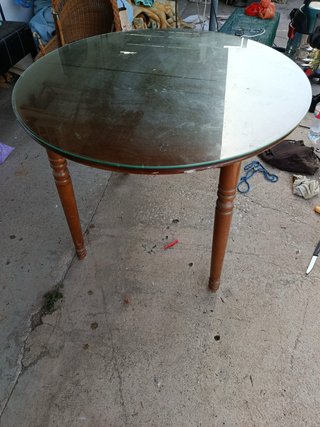 Mesa redonda madera y cristal 90x70cm