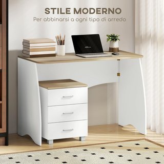 Escritorio Con Cajonera Moderna de Madera, Escritorio para PC para Habitación y Oficina, Blanco, 110X55X75Cm