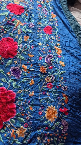 Mantón Manila Seda Antiguo Azul Multicolor
