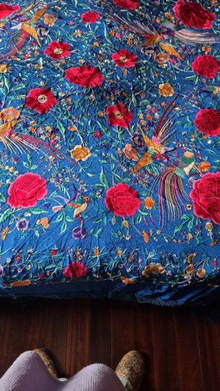 Mantón Manila Seda Antiguo Azul Multicolor
