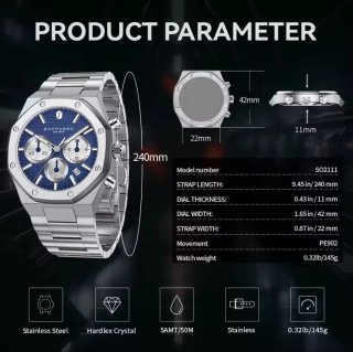 Reloj Sapphero Cronógrafo Azul y Plateado