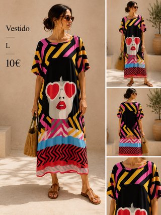 Vestido Pop Art Estampado Largo Talla L