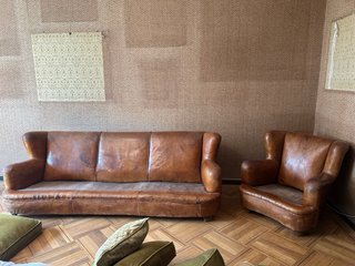 Sofá de tres plazas Años 70 Piel y Terciopelo