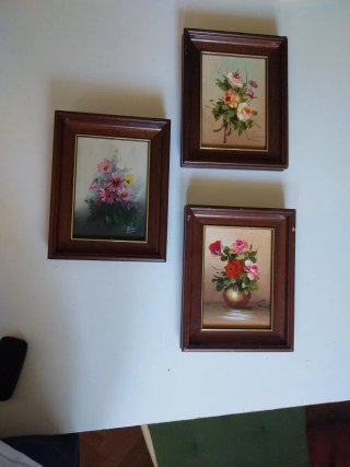 Lote 3 Cuadros Óleo Flores Vintage Madera
