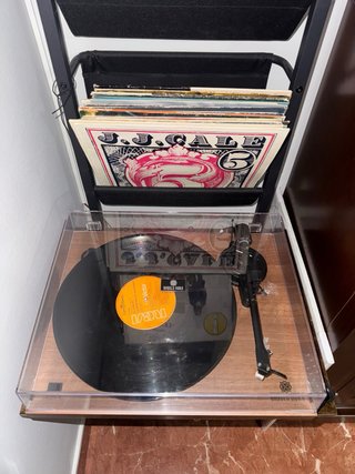 Mueble para vinilos de metal y madera