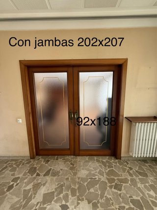Puerta corredera salón madera y cristal 202x207