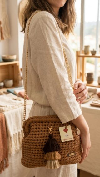 Bolso Clutch Crochet Marrón /Beige