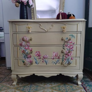 Cómoda Vintage Beige • Mueble Tocador + Espejo
