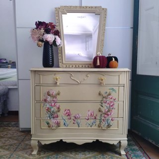 Cómoda Vintage Beige • Mueble Tocador + Espejo