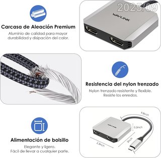 WAVLINK Adaptador HDMI USB-C a Dual HDMI 100W PD