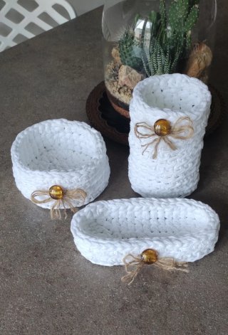 Set 3 Cestini Tessuto Bianco Decorati